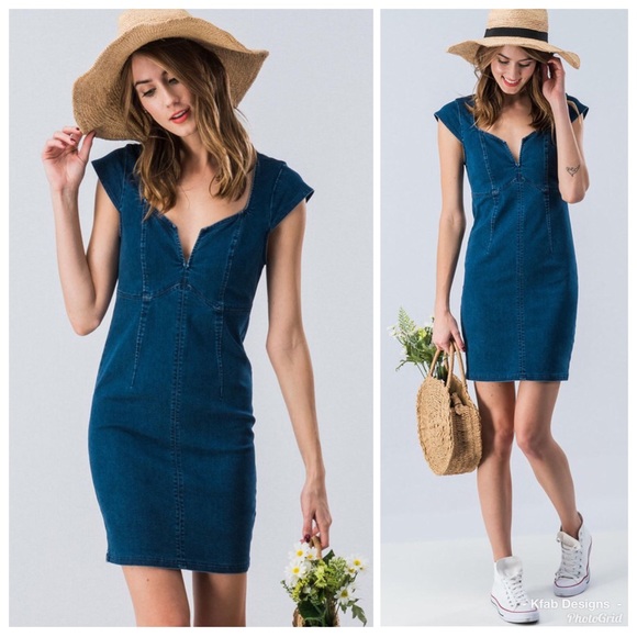 ❤️SALE! Stretch Denim Dress-Sweetheart Neckline - Picture 3 of 8